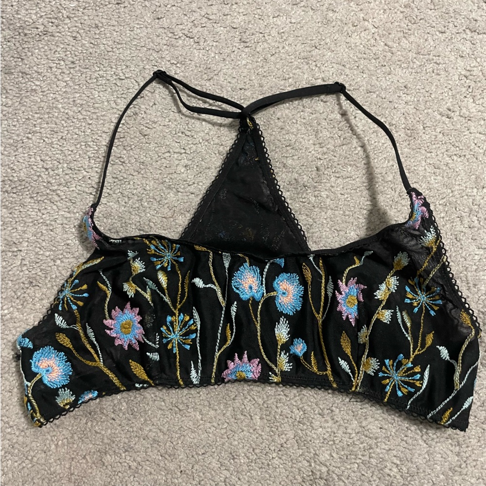 Free People Black Bralette with Floral Embroidery